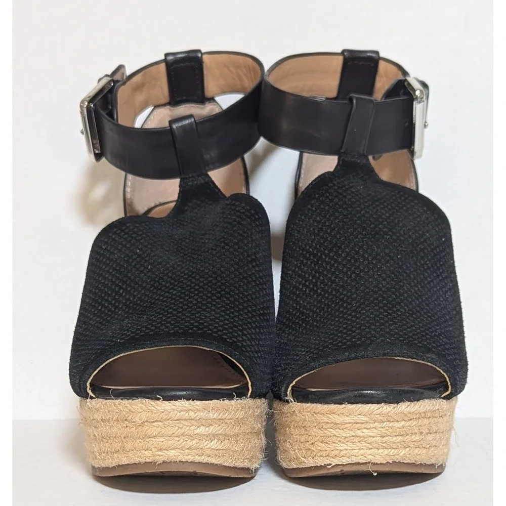 Mark Fisher Women's ML Alison Sandals Size‎ 6.5M Black Peep Toe Woven Wedge Heel